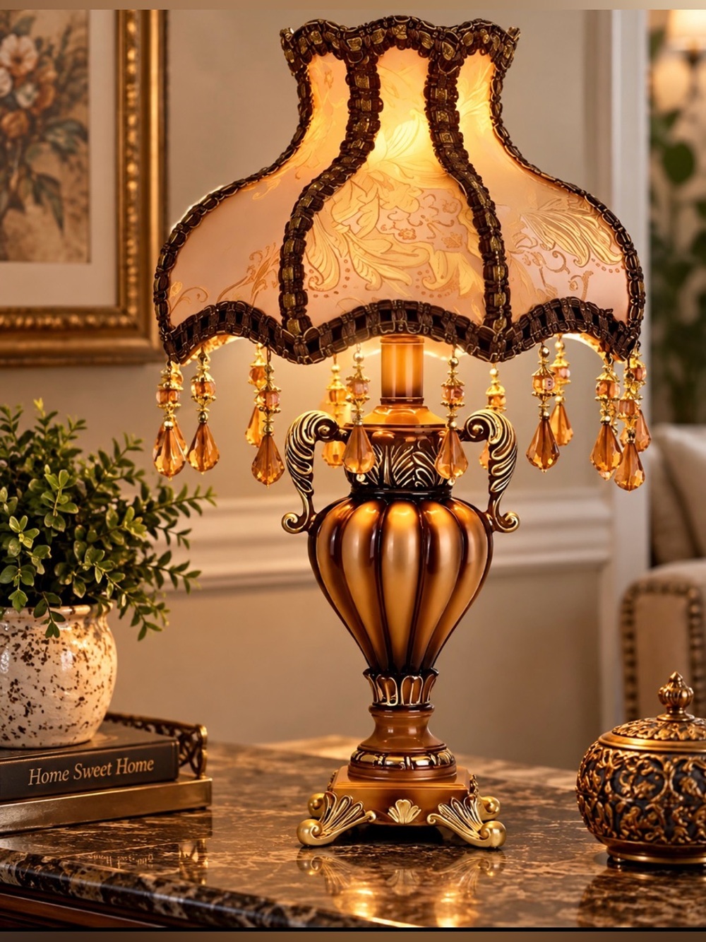 Radiya European Style Victorian Table Lamp, Beige Fabric